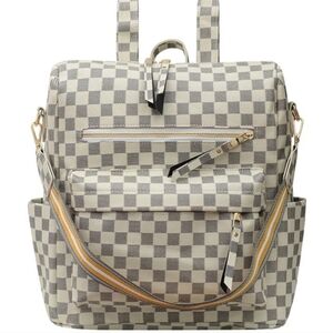 Cream and gray checkered backpack - unbranded